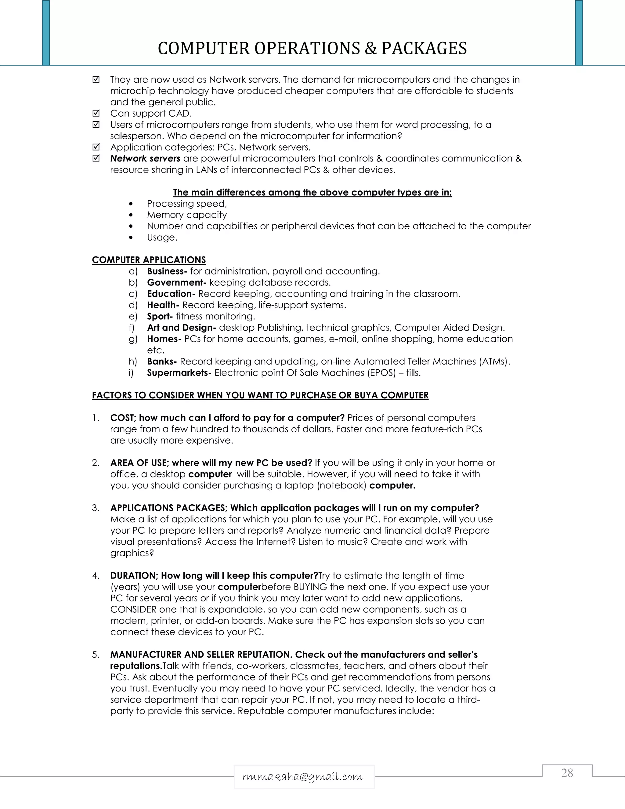 COMPUTER OPERATIONS & PACKAGES NOTES & INTRODUCTION TO COMPUTERS | PDF ...
