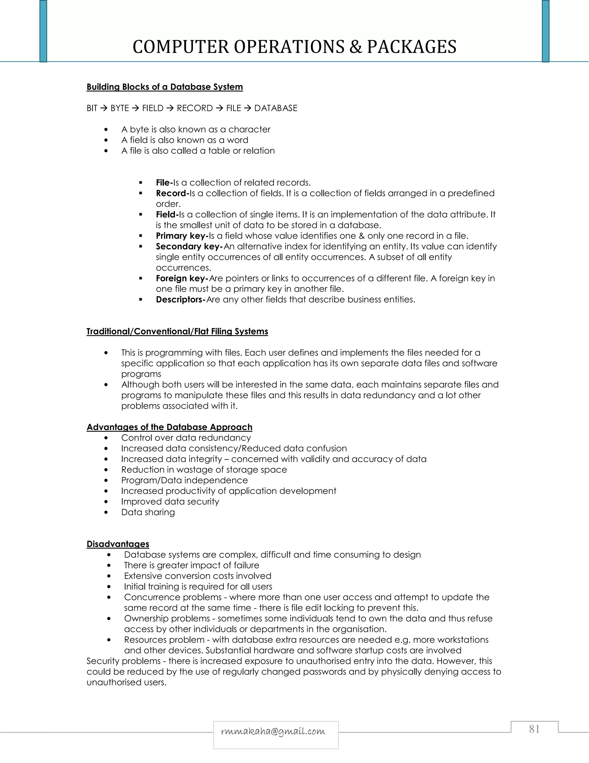 COMPUTER OPERATIONS & PACKAGES NOTES & INTRODUCTION TO COMPUTERS | PDF