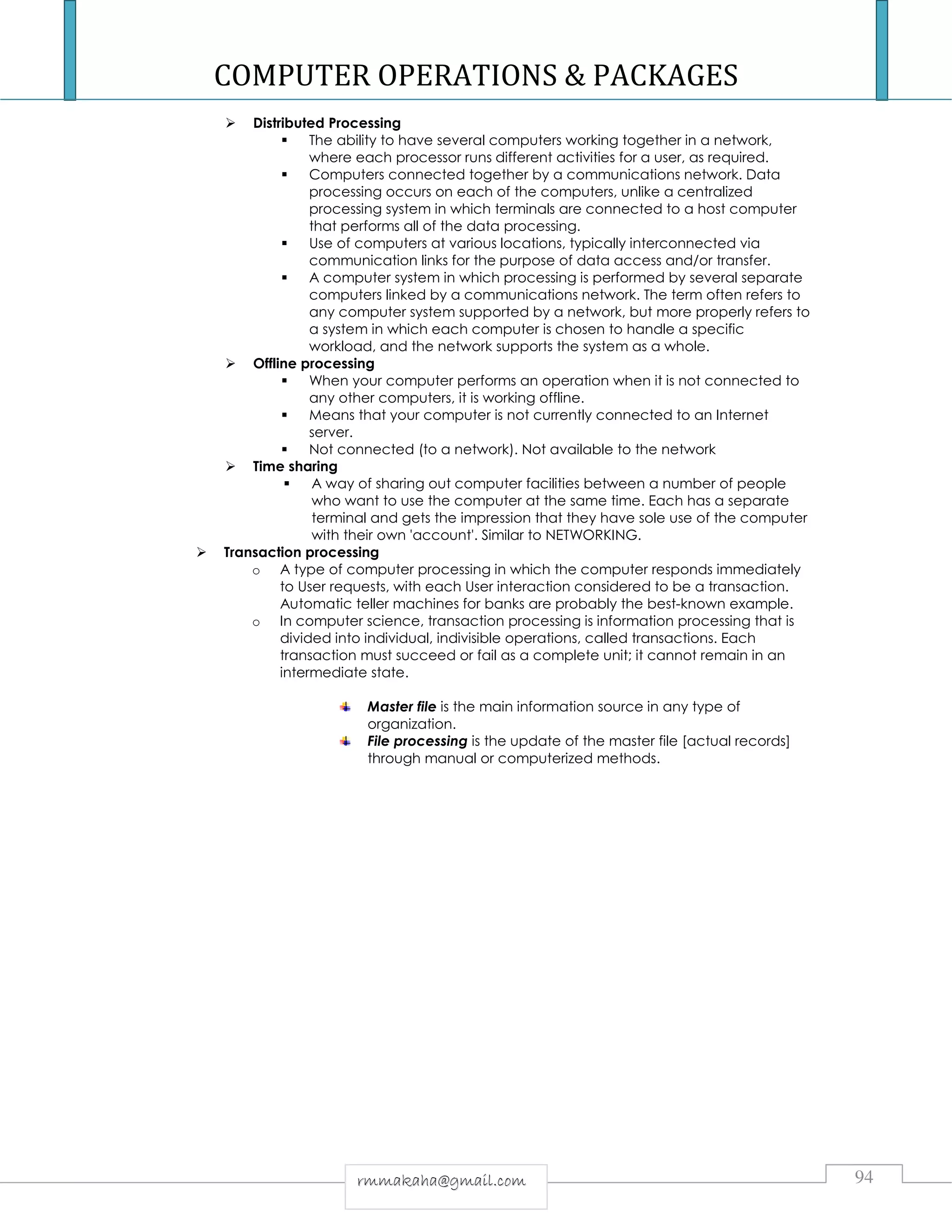 COMPUTER OPERATIONS & PACKAGES NOTES & INTRODUCTION TO COMPUTERS | PDF