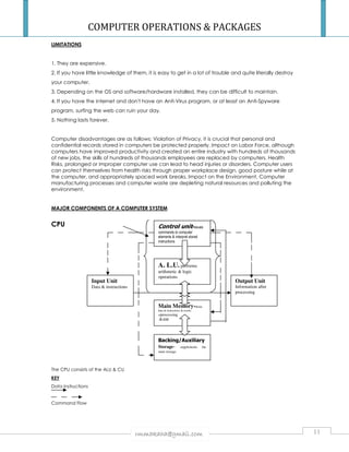 COMPUTER OPERATIONS  PACKAGES 
rmmakaha@gmail.com 11 
LIMITATIONS 
1. They are expensive. 
2. If you have little knowledge of them, it is easy to get in a lot of trouble and quite literally destroy 
your computer. 
3. Depending on the OS and software/hardware installed, they can be difficult to maintain. 
4. If you have the internet and don't have an Anti-Virus program, or at least an Anti-Spyware 
program, surfing the web can ruin your day. 
5. Nothing lasts forever. 
Computer disadvantages are as follows; Violation of Privacy, it is crucial that personal and 
confidential records stored in computers be protected properly. Impact on Labor Force, although 
computers have improved productivity and created an entire industry with hundreds of thousands 
of new jobs, the skills of hundreds of thousands employees are replaced by computers. Health 
Risks, prolonged or improper computer use can lead to head injuries or disorders. Computer users 
can protect themselves from health risks through proper workplace design, good posture while at 
the computer, and appropriately spaced work breaks. Impact on the Environment, Computer 
manufacturing processes and computer waste are depleting natural resources and polluting the 
environment. 
MAJOR COMPONENTS OF A COMPUTER SYSTEM 
CPU 
The CPU consists of the ALU  CU 
KEY 
Data Instructions 
Command Flow 
Control unit-issues 
commands to computer 
elements  interpret stored 
instructions 
A. L.U. performs 
arithmetic  logic 
operations 
Output Unit 
Information after 
processing 
Main Memory-Holds 
data  instructions  results 
ofprocessing 
-RAM 
Input Unit 
Data  instructions 
Backing/Auxiliary 
Storage- supplements the 
main storage. 
 