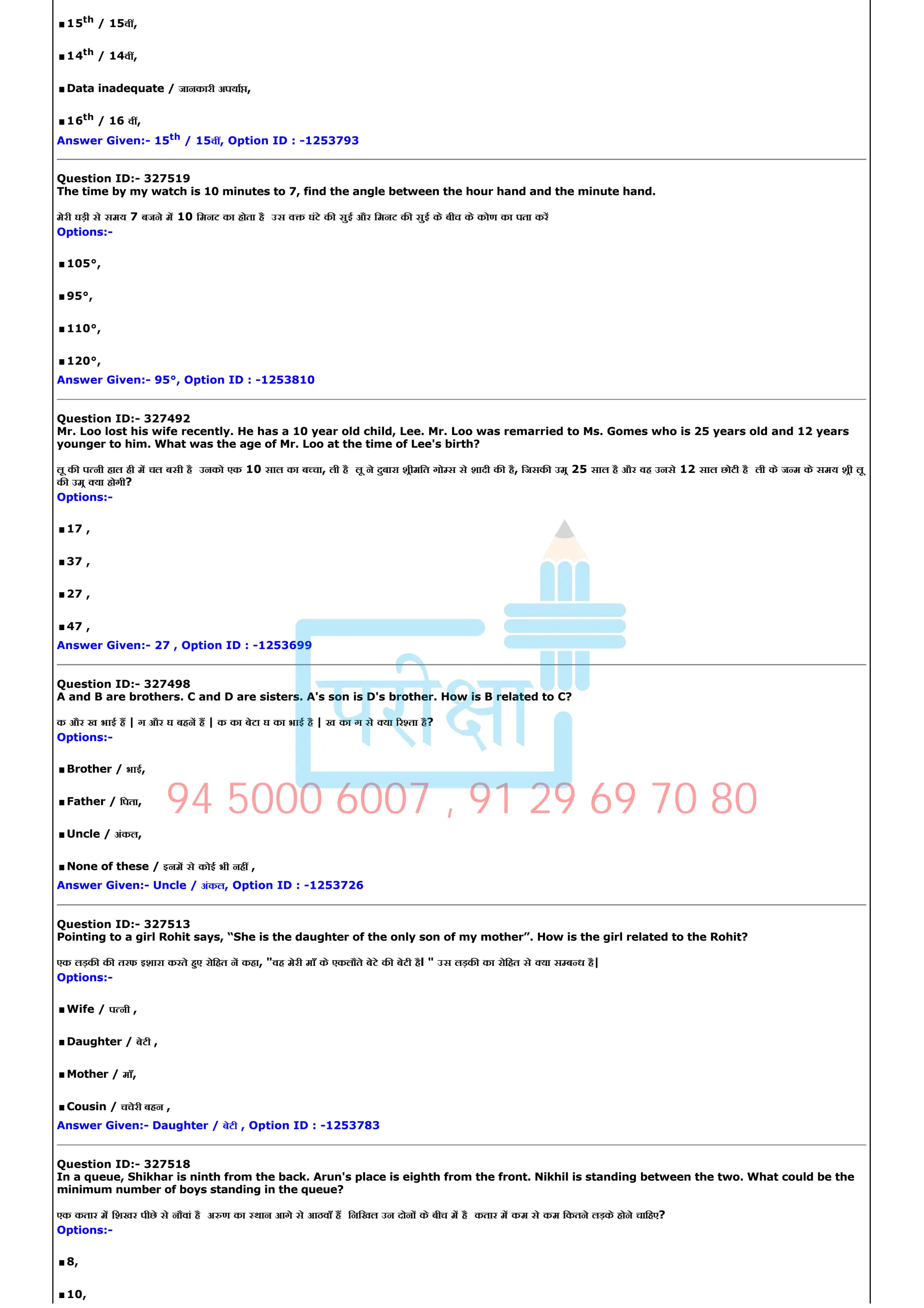 .15th
/ 15व ,
.14th / 14व ,
.Data inadequate / जानकारी अपया ,
.16th / 16 व ,
Answer Given:­ 15th / 15व , Option ID : ­1253793
Question ID:­ 327519
The time by my watch is 10 minutes to 7, find the angle between the hour hand and the minute hand.
मेरी घड़ी से समय 7 बजने म 10 िमनट का होता है उस व घंटे क सुई और िमनट क सुई के बीच के कोण का पता कर
Options:­
.105°,
.95°,
.110°,
.120°,
Answer Given:­ 95°, Option ID : ­1253810
Question ID:­ 327492
Mr. Loo lost his wife recently. He has a 10 year old child, Lee. Mr. Loo was remarried to Ms. Gomes who is 25 years old and 12 years
younger to him. What was the age of Mr. Loo at the time of Lee's birth?
लू क प नी हाल ही म चल बसी है उनको एक 10 साल का ब चा, ली है लू ने दुबारा शीमित गो स से शादी क है, िजसक उम 25 साल है और वह उनसे 12 साल छोटी है ली के ज म के समय शी लू
क उम या होगी?
Options:­
.17 ,
.37 ,
.27 ,
.47 ,
Answer Given:­ 27 , Option ID : ­1253699
Question ID:­ 327498
A and B are brothers. C and D are sisters. A's son is D's brother. How is B related to C?
क और ख भाई ह | ग और घ बहन ह | क का बेटा घ का भाई है | ख का ग से या र ता है?
Options:­
.Brother / भाई,
.Father / िपता,
.Uncle / अंकल,
.None of these / इनम से कोई भी नह ,
Answer Given:­ Uncle / अंकल, Option ID : ­1253726
Question ID:­ 327513
Pointing to a girl Rohit says, “She is the daughter of the only son of my mother”. How is the girl related to the Rohit?
एक लड़क क तरफ इशारा करते हए रोिहत न कहा, "वह मेरी माँ के एकलौते बेटे क बेटी हैl " उस लड़क का रोिहत से या स ब ध है|
Options:­
.Wife / प नी ,
.Daughter / बेटी ,
.Mother / माँ,
.Cousin / चचेरी बहन ,
Answer Given:­ Daughter / बेटी , Option ID : ­1253783
Question ID:­ 327518
In a queue, Shikhar is ninth from the back. Arun's place is eighth from the front. Nikhil is standing between the two. What could be the
minimum number of boys standing in the queue?
एक कतार म िशखर पीछे से नौवां है अ ण का थान आगे से आठवाँ ह िनिखल उन दोन के बीच म है कतार म कम से कम िकतने लड़के होने चािहए?
Options:­
.8,
.10,
94 5000 6007 , 91 29 69 70 80
 