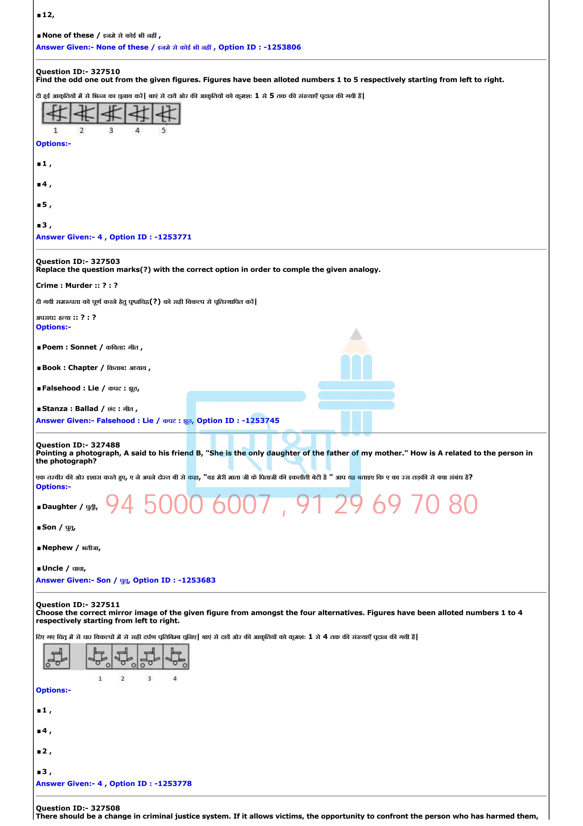 .12,
.None of these / इनमे से कोई भी नह ,
Answer Given:­ None of these / इनमे से कोई भी नह , Option ID : ­1253806
Question ID:­ 327510
Find the odd one out from the given figures. Figures have been alloted numbers 1 to 5 respectively starting from left to right.
दी हई आकृितय म से िभ न का चुनाव कर| बाएं से दाय ओर क आकृितय को कमशः 1 से 5 तक क सं याएँ पदान क गयी ह|
Options:­
.1 ,
.4 ,
.5 ,
.3 ,
Answer Given:­ 4 , Option ID : ­1253771
Question ID:­ 327503
Replace the question marks(?) with the correct option in order to comple the given analogy.
Crime : Murder :: ? : ?
दी गयी सम पता को पूण करने हेतु प िच (?) को सही िवक प से पित थािपत कर|
अपराध: ह या :: ? : ?
Options:­
.Poem : Sonnet / किवता: गीत ,
.Book : Chapter / िकताब: अ याय ,
.Falsehood : Lie / कपट : झूठ,
.Stanza : Ballad / छंद : गीत ,
Answer Given:­ Falsehood : Lie / कपट : झूठ, Option ID : ­1253745
Question ID:­ 327488
Pointing a photograph, A said to his friend B, "She is the only daughter of the father of my mother." How is A related to the person in
the photograph?
एक त वीर क ओर इशारा करते हए, ए ने अपने दो त बी से कहा, "वह मेरी माता जी के िपताजी क इकलौती बेटी है " आप यह बताइए िक ए का उस लड़क से या संबंध है?
Options:­
.Daughter / पुती,
.Son / पुत,
.Nephew / भतीजा,
.Uncle / चाचा,
Answer Given:­ Son / पुत, Option ID : ­1253683
Question ID:­ 327511
Choose the correct mirror image of the given figure from amongst the four alternatives. Figures have been alloted numbers 1 to 4
respectively starting from left to right.
िदए गए िचत म से चार िवक प म से सही दपण पितिब ब चुिनए| बाएं से दाय ओर क आकृितय को कमशः 1 से 4 तक क सं याएँ पदान क गयी ह|
Options:­
.1 ,
.4 ,
.2 ,
.3 ,
Answer Given:­ 4 , Option ID : ­1253778
Question ID:­ 327508
There should be a change in criminal justice system. If it allows victims, the opportunity to confront the person who has harmed them,
94 5000 6007 , 91 29 69 70 80
 