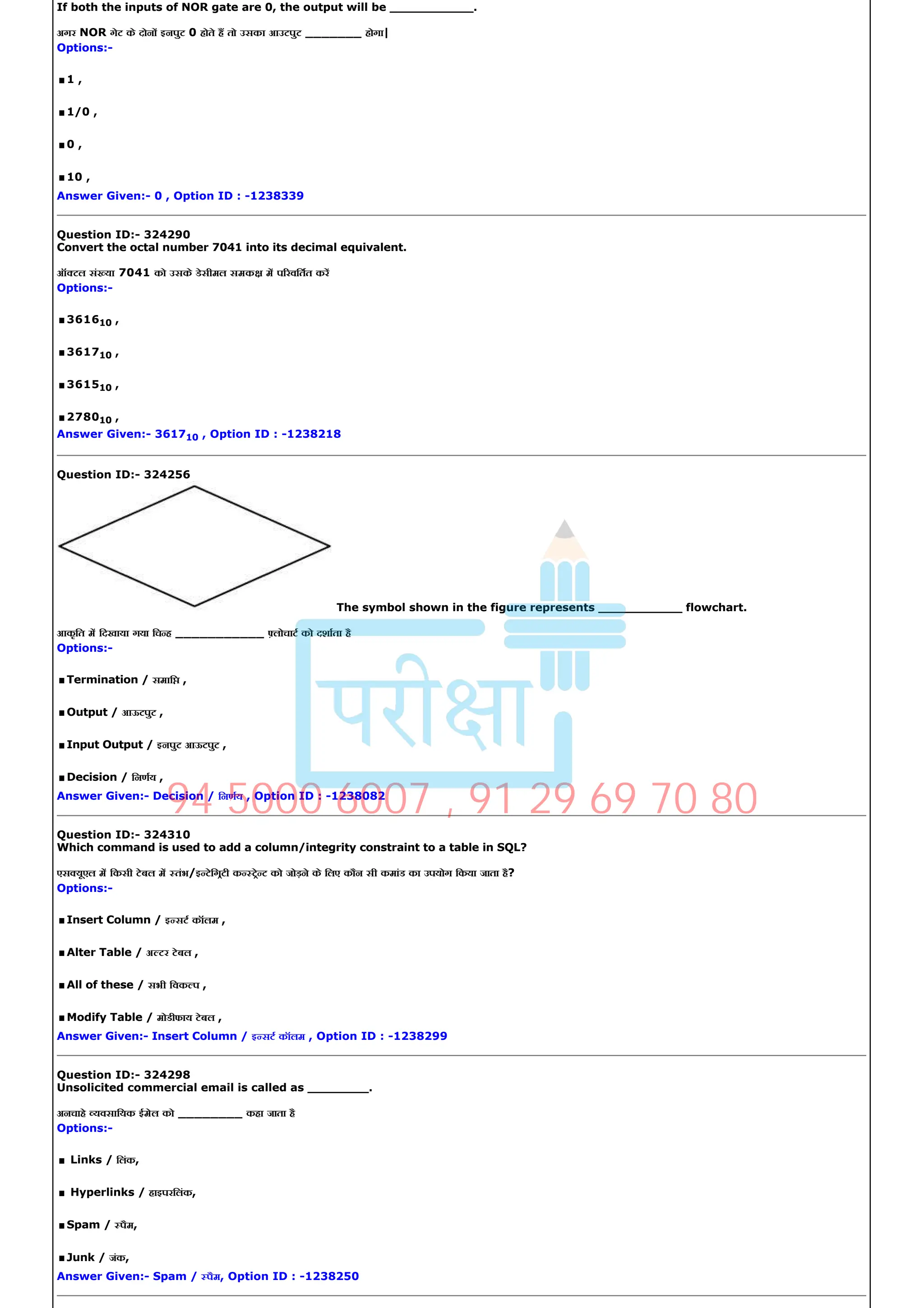 If both the inputs of NOR gate are 0, the output will be ___________.
अगर NOR गेट के दोन इनपुट 0 होते ह तो उसका आउटपुट _______ होगा|
Options:­
.1 ,
.1/0 ,
.0 ,
.10 ,
Answer Given:­ 0 , Option ID : ­1238339
Question ID:­ 324290
Convert the octal number 7041 into its decimal equivalent.
ऑ टल सं या 7041 को उसके डेसीमल समक म प रवितत कर
Options:­
.361610 ,
.361710 ,
.361510 ,
.278010 ,
Answer Given:­ 361710 , Option ID : ­1238218
Question ID:­ 324256
The symbol shown in the figure represents ___________ flowchart.
आकृित म िदखाया गया िच ह ___________ लोचाट को दशाता है
Options:­
.Termination / समाि ,
.Output / आऊटपुट ,
.Input Output / इनपुट आऊटपुट ,
.Decision / िनणय ,
Answer Given:­ Decision / िनणय , Option ID : ­1238082
Question ID:­ 324310
Which command is used to add a column/integrity constraint to a table in SQL?
एस यूएल म िकसी टेबल म तंभ/इ टेिगटी क टे ट को जोड़ने के िलए कौन सी कमांड का उपयोग िकया जाता है?
Options:­
.Insert Column / इ सट कॉलम ,
.Alter Table / अ टर टेबल ,
.All of these / सभी िवक प ,
.Modify Table / मोडीफाय टेबल ,
Answer Given:­ Insert Column / इ सट कॉलम , Option ID : ­1238299
Question ID:­ 324298
Unsolicited commercial email is called as ________.
अनचाहे यवसाियक ईमेल को ________ कहा जाता है
Options:­
.Links / िलंक,
.Hyperlinks / हाइपरिलंक,
.Spam / पैम,
.Junk / जंक,
Answer Given:­ Spam / पैम, Option ID : ­1238250
94 5000 6007 , 91 29 69 70 80
 