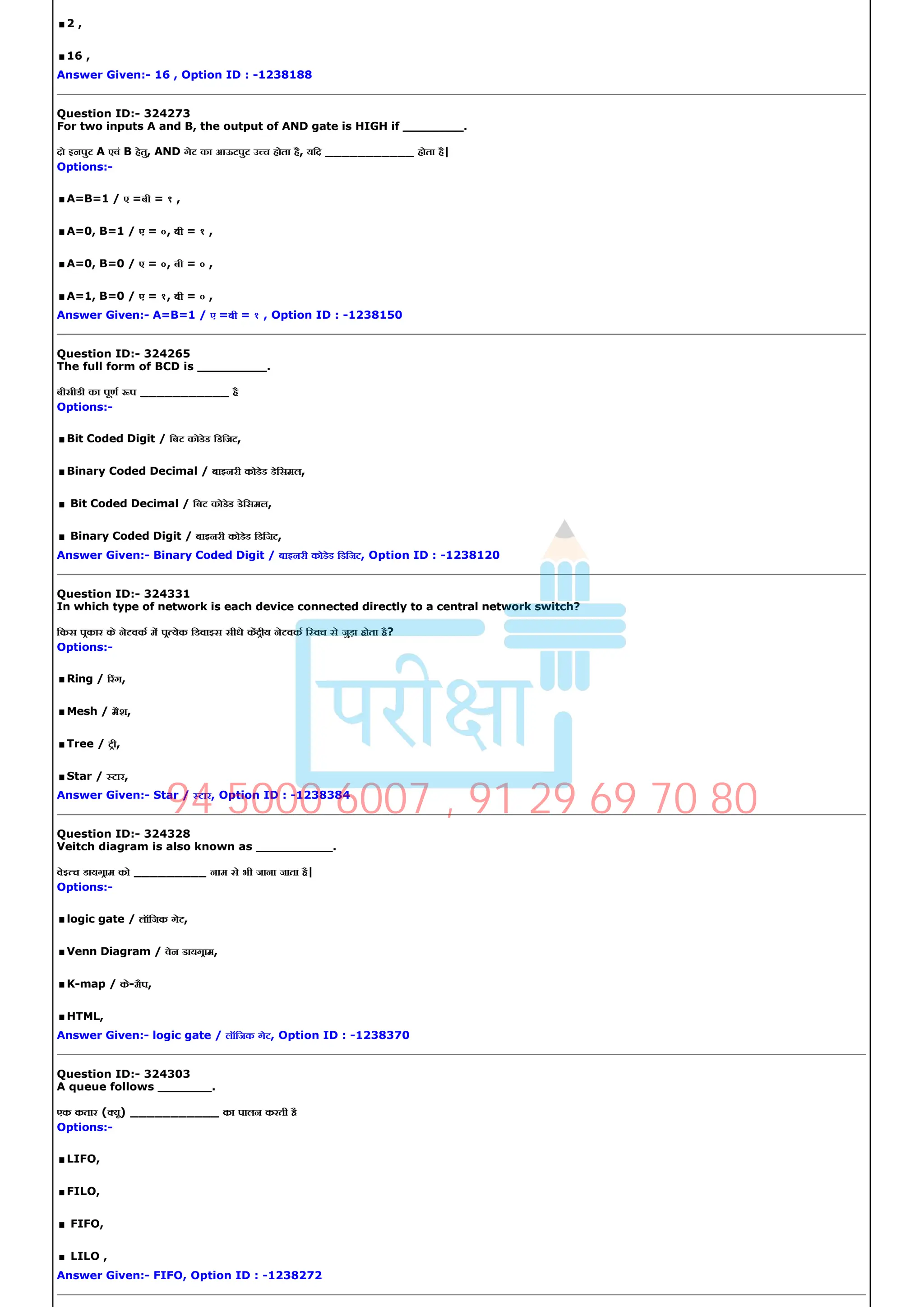 .2 ,
.16 ,
Answer Given:­ 16 , Option ID : ­1238188
Question ID:­ 324273
For two inputs A and B, the output of AND gate is HIGH if ________.
दो इनपुट A एवं B हेतु, AND गेट का आऊटपुट उ च होता है, यिद ___________ होता है|
Options:­
.A=B=1 / ए =बी = १ ,
.A=0, B=1 / ए = ०, बी = १ ,
.A=0, B=0 / ए = ०, बी = ० ,
.A=1, B=0 / ए = १, बी = ० ,
Answer Given:­ A=B=1 / ए =बी = १ , Option ID : ­1238150
Question ID:­ 324265
The full form of BCD is _________.
बीसीडी का पूण प ___________ है
Options:­
.Bit Coded Digit / िबट कोडेड िडिजट,
.Binary Coded Decimal / बाइनरी कोडेड डेिसमल,
.Bit Coded Decimal / िबट कोडेड डेिसमल,
.Binary Coded Digit / बाइनरी कोडेड िडिजट,
Answer Given:­ Binary Coded Digit / बाइनरी कोडेड िडिजट, Option ID : ­1238120
Question ID:­ 324331
In which type of network is each device connected directly to a central network switch?
िकस पकार के नेटवक म प येक िडवाइस सीधे कदीय नेटवक ि वच से जुड़ा होता है?
Options:­
.Ring / रंग,
.Mesh / मैश,
.Tree / टी,
.Star / टार,
Answer Given:­ Star / टार, Option ID : ­1238384
Question ID:­ 324328
Veitch diagram is also known as __________.
वेइ च डायगाम को _________ नाम से भी जाना जाता है|
Options:­
.logic gate / लॉिजक गेट,
.Venn Diagram / वेन डायगाम,
.K­map / के­मैप,
.HTML,
Answer Given:­ logic gate / लॉिजक गेट, Option ID : ­1238370
Question ID:­ 324303
A queue follows _______.
एक कतार ( यू) ___________ का पालन करती है
Options:­
.LIFO,
.FILO,
.FIFO,
.LILO ,
Answer Given:­ FIFO, Option ID : ­1238272
94 5000 6007 , 91 29 69 70 80
 