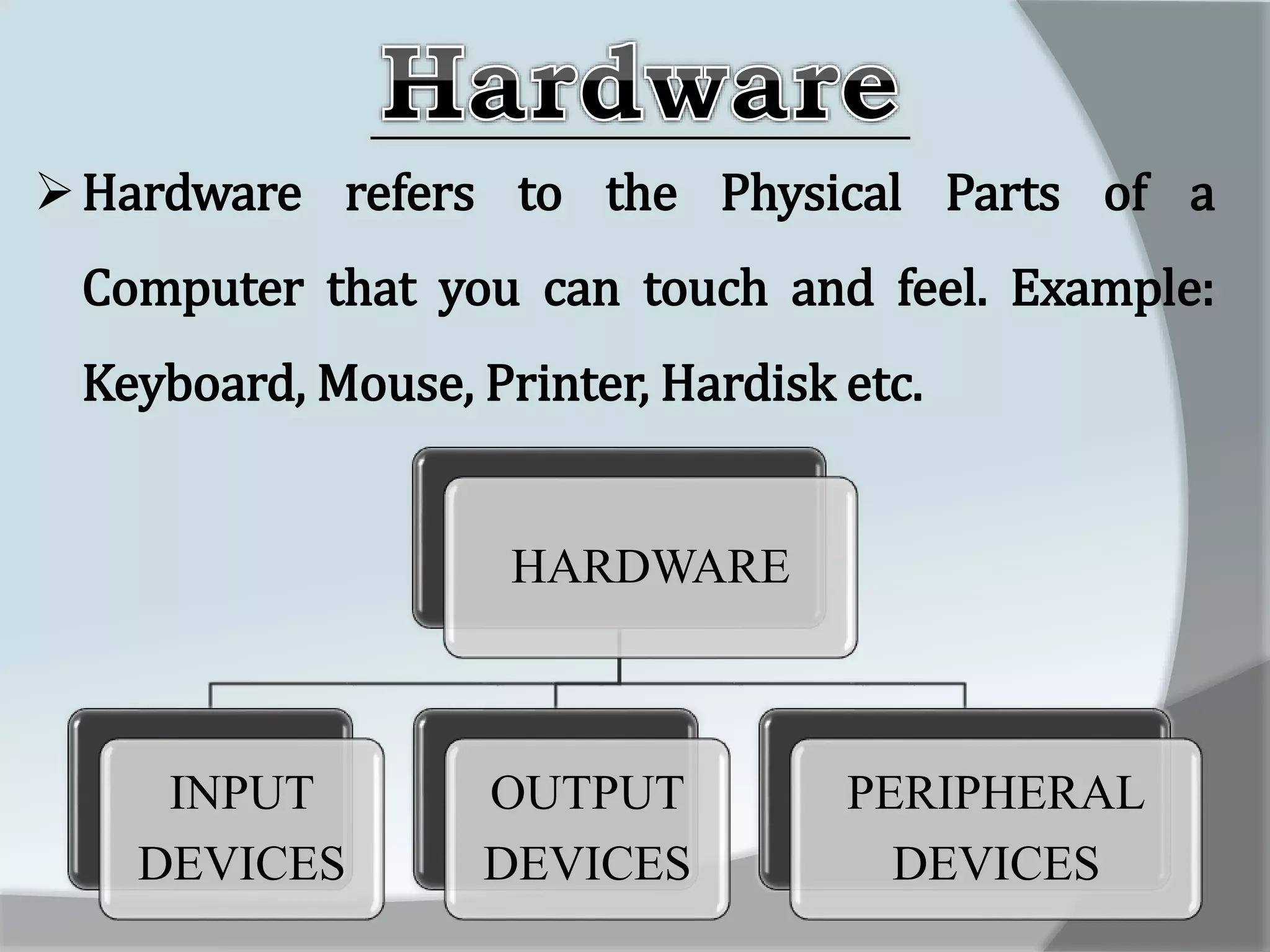 Hardware refers to the Physical Parts of a
Computer that you can touch and feel. Example:
Keyboard, Mouse, Printer, Hardisk etc.
HARDWARE
INPUT
DEVICES
OUTPUT
DEVICES
PERIPHERAL
DEVICES
 