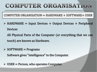  HARDWARE = Input Devices + Output Devices + Peripheral
Devices
All Physical Parts of the Computer (or everything that we can
touch) are known as Hardware.
 SOFTWARE = Programs
Software gives "intelligence" to the Computer.
 USER = Person, who operates Computer.
 