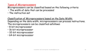 28/9/2021 A Chandran ACE Learning Hub chandkec@gmail.com 10
Types of Microprocessors
Microprocessors can be classified based on the following criteria:
• The width of data that can be processed
• The instruction set
Classification of Microprocessors based on the Data Width:
Depending on the data width, microprocessors can process instructions.
The microprocessors can be classified asfollows:
• 8-bit microprocessor
• 16-bit microprocessor
• 32-bit microprocessor
• 64-bit microprocessor
 