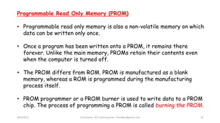 28/9/2021 A Chandran ACE Learning Hub chandkec@gmail.com 16
Programmable Read Only Memory (PROM)
• Programmable read only memory is also a non-volatile memory on which
data can be written only once.
• Once a program has been written onto a PROM, it remains there
forever. Unlike the main memory, PROMs retain their contents even
when the computer is turned off.
• The PROM differs from ROM. PROM is manufactured as a blank
memory, whereas a ROM is programmed during the manufacturing
process itself.
• PROM programmer or a PROM burner is used to write data to a PROM
chip. The process of programming a PROM is called burning the PROM.
 