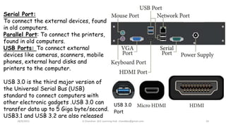 28/9/2021 A Chandran ACE Learning Hub chandkec@gmail.com 24
USB 3.0
Port
Serial Port:
To connect the external devices, found
in old computers.
Parallel Port: To connect the printers,
found in old computers.
USB Ports: To connect external
devices like cameras, scanners, mobile
phones, external hard disks and
printers to the computer.
USB 3.0 is the third major version of
the Universal Serial Bus (USB)
standard to connect computers with
other electronic gadgets .USB 3.0 can
transfer data up to 5 Giga byte/second.
USB3.1 and USB 3.2 are also released
 