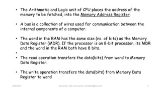 28/9/2021 A Chandran ACE Learning Hub chandkec@gmail.com 9
• The Arithmetic and Logic unit of CPU places the address of the
memory to be fetched, into the Memory Address Register.
• A bus is a collection of wires used for communication between the
internal components of a computer.
• The word in the RAM has the same size (no. of bits) as the Memory
Data Register (MDR). If the processor is an 8-bit processor, its MDR
and the word in the RAM both have 8 bits.
•
• The read operation transfers the data(bits) from word to Memory
Data Register.
• The write operation transfers the data(bits) from Memory Data
Register to word
 