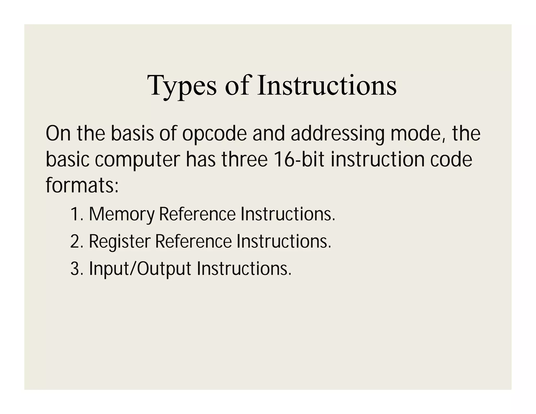 Types of Instructions
On the basis of opcode and addressing mode, the
basic computer has three 16-bit instruction code
formats:
1. Memory Reference Instructions.
2. Register Reference Instructions.
3. Input/Output Instructions.

 