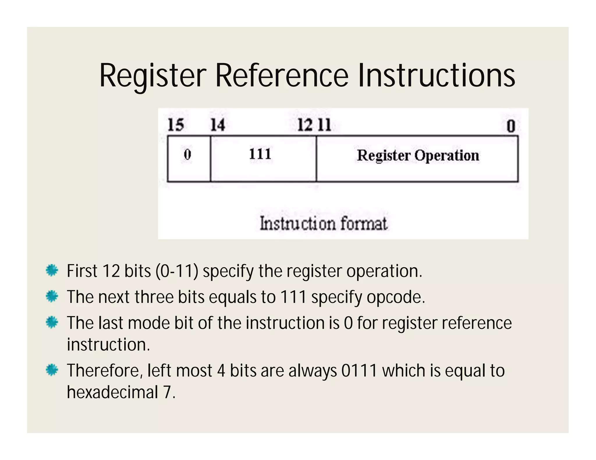 Register Reference Instructions

First 12 bits (0-11) specify the register operation.
The next three bits equals to 111 specify opcode.
The last mode bit of the instruction is 0 for register reference
instruction.
Therefore, left most 4 bits are always 0111 which is equal to
hexadecimal 7.

 