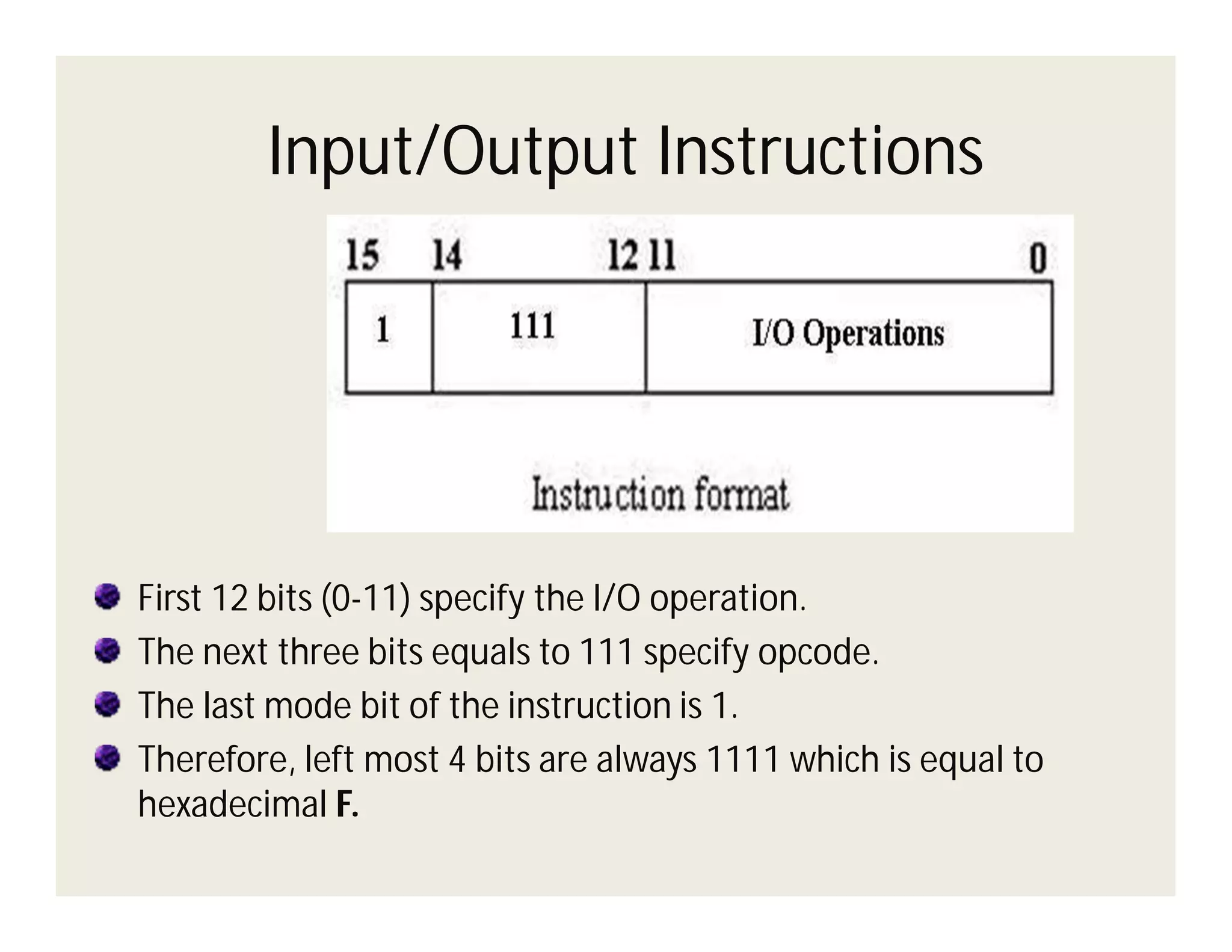 Input/Output Instructions

First 12 bits (0-11) specify the I/O operation.
The next three bits equals to 111 specify opcode.
The last mode bit of the instruction is 1.
Therefore, left most 4 bits are always 1111 which is equal to
hexadecimal F.

 