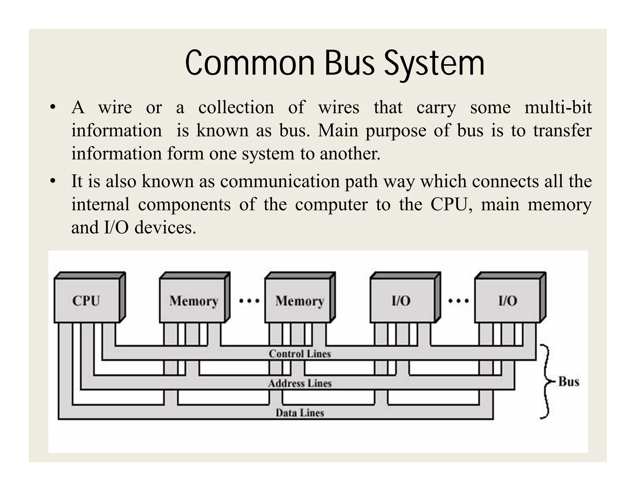 Common Bus System
• A wire or a collection of wires that carry some multi-bit
information is known as bus. Main purpose of bus is to transfer
information form one system to another.
• It is also known as communication path way which connects all the
internal components of the computer to the CPU, main memory
and I/O devices.

 