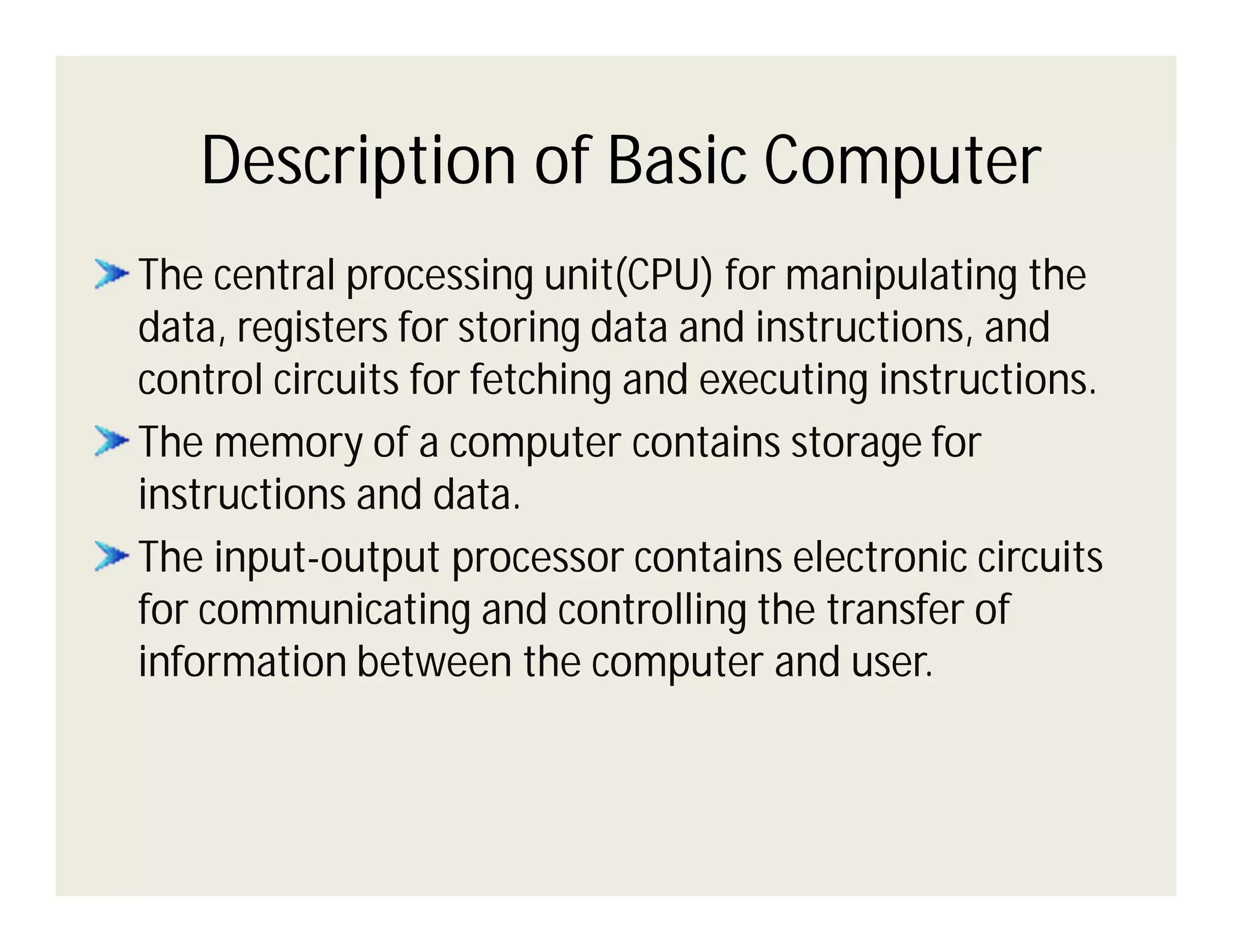 Description of Basic Computer
The central processing unit(CPU) for manipulating the
data, registers for storing data and instructions, and
control circuits for fetching and executing instructions.
The memory of a computer contains storage for
instructions and data.
The input-output processor contains electronic circuits
for communicating and controlling the transfer of
information between the computer and user.

 