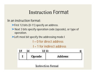 Instruction Format
In an instruction format:
First 12 bits (0-11) specify an address.
Next 3 bits specify operation code (opcode), or type of
operation.
Left most bit specify the addressing mode I

I = 0 for direct address
I = 1 for indirect address

 