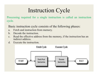 Instruction Cycle
Processing required for a single instruction is called an instruction
cycle.

Basic instruction cycle consists of the following phases:
a.
b.
c.
d.

Fetch and instruction from memory.
Decode the instruction.
Read the effective address from the memory, if the instruction has an
indirect address.
Execute the instruction.

 