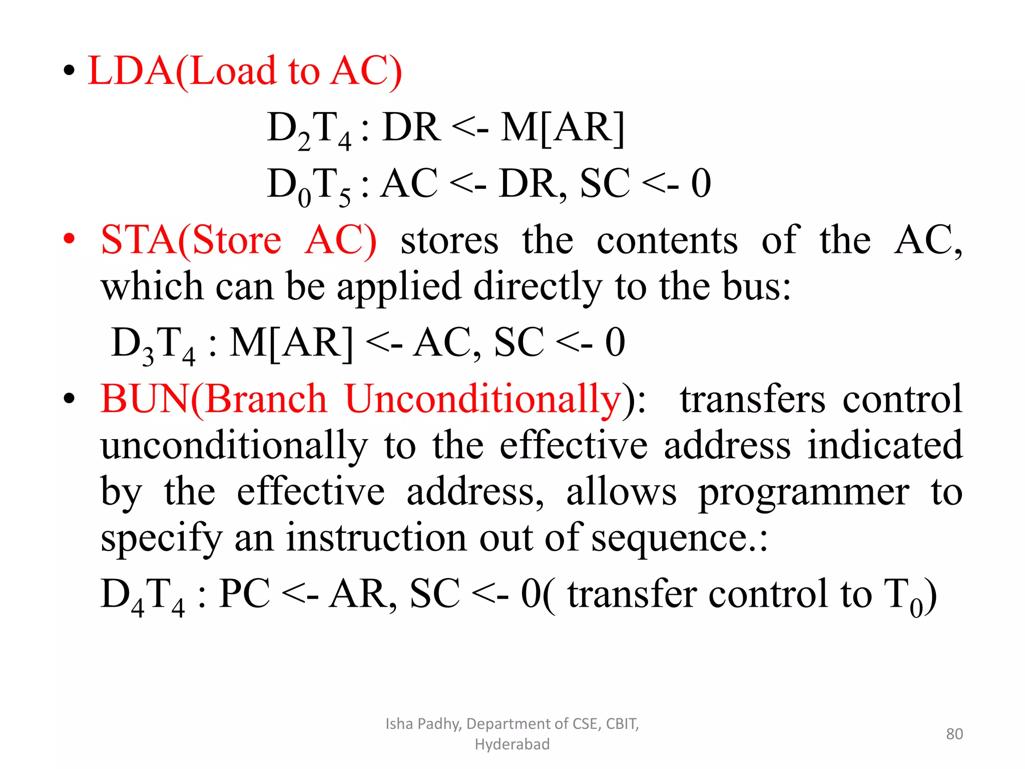 • LDA(Load to AC)
D2T4 : DR <- M[AR]
D0T5 : AC <- DR, SC <- 0
• STA(Store AC) stores the contents of the AC,
which can be applied directly to the bus:
D3T4 : M[AR] <- AC, SC <- 0
• BUN(Branch Unconditionally): transfers control
unconditionally to the effective address indicated
by the effective address, allows programmer to
specify an instruction out of sequence.:
D4T4 : PC <- AR, SC <- 0( transfer control to T0)
Isha Padhy, Department of CSE, CBIT,
Hyderabad
80
 
