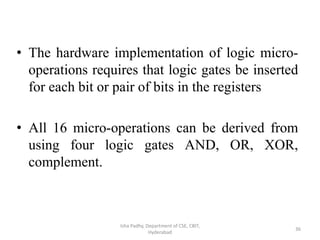 • The hardware implementation of logic micro-
operations requires that logic gates be inserted
for each bit or pair of bits in the registers
• All 16 micro-operations can be derived from
using four logic gates AND, OR, XOR,
complement.
Isha Padhy, Department of CSE, CBIT,
Hyderabad
36
 