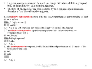 • Logic microoperations can be used to change bit values, delete a group of
bits, or insert new bit values into a register.
• The bits of one register are manipulated by logic micro-operations as a
function of the bits of another register.
1. The selective-set operation sets to 1 the bits in A where there are corresponding 1’s in B
1010 A before
1100 B (logic operand)
1110 A after
A ← A ∨ B i.e OR operation can be used to selectively set bits of a register.
2. The selective-complement operation complements bits in A where there are
corresponding 1’s in B
1010 A before
1100 B (logic operand)
0110 A after
A ← A ⊕ B
3. The clear operation compares the bits in A and B and produces an all 0’s result if the
two number are equal
1010 A
1010 B
0000
A ← A ⊕ B
Isha Padhy, Department of CSE, CBIT,
Hyderabad
38
 