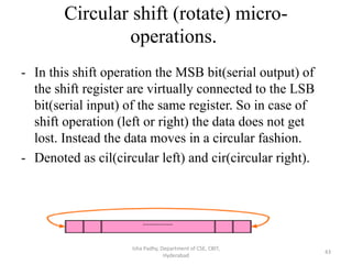 Circular shift (rotate) micro-
operations.
- In this shift operation the MSB bit(serial output) of
the shift register are virtually connected to the LSB
bit(serial input) of the same register. So in case of
shift operation (left or right) the data does not get
lost. Instead the data moves in a circular fashion.
- Denoted as cil(circular left) and cir(circular right).
Isha Padhy, Department of CSE, CBIT,
Hyderabad
43
 