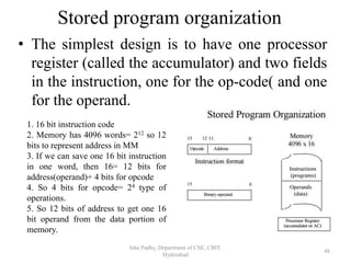 Stored program organization
• The simplest design is to have one processor
register (called the accumulator) and two fields
in the instruction, one for the op-code( and one
for the operand.
Isha Padhy, Department of CSE, CBIT,
Hyderabad
48
1. 16 bit instruction code
2. Memory has 4096 words= 212 so 12
bits to represent address in MM
3. If we can save one 16 bit instruction
in one word, then 16= 12 bits for
address(operand)+ 4 bits for opcode
4. So 4 bits for opcode= 24 type of
operations.
5. So 12 bits of address to get one 16
bit operand from the data portion of
memory.
 