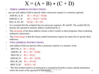 X = (A + B) ∗ (C + D)
• THREE-ADDRESS INSTRUCTIONS:
- can use each address field to specify either a processor register or a memory operand.
- ADD R1, A, B R1 ← M [A] + M [B]
ADD R2, C, D R2 ← M [C] + M [D]
MUL X, R1, R2 M [X] ← R1 ∗ R2
- It is assumed that the computer has two processor registers, R1 and R2. The symbol M [A]
denotes the operand at memory address symbolized by A.
- The advantage of the three-address format is that it results in short programs when evaluating
arithmetic expressions.
- The disadvantage is that the binary-coded instructions require too many bits to specify three
addresses.
• TWO-ADDRESS INSTRUCTIONS:
- each address field can specify either a processor register or a memory word.
- MOV R1, A R1 ← M [A]
ADD R1, B R1 ← R1 + M [B]
MOV R2, C R2 ← M [C]
ADD R2, D R2 ← R2 + M [D]
MUL R1, R2 R1 ← R1∗R2
MOV X, R1 M [X] ← R1
- The first symbol listed in an instruction is assumed to be both a source and the destination
where the result of the operation is transferred.Isha Padhy, Department of CSE, CBIT,
Hyderabad
55
 