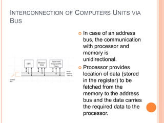 INTERCONNECTION OF COMPUTERS UNITS VIA
BUS
 In case of an address
bus, the communication
with processor and
memory is
unidirectional.
 Processor provides
location of data (stored
in the register) to be
fetched from the
memory to the address
bus and the data carries
the required data to the
processor.
 