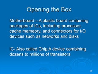 35
Opening the Box
Motherboard – A plastic board containing
packages of ICs, including processor,
cache memeory, and connectors for I/O
devices such as networks and disks
IC- Also called Chip A device combining
dozens to millions of transistors
 