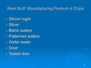 47
Real Stuff: Manufacturing Pentium 4 Chips
 Silicon ingot
 Slicer
 Blank wafers
 Patterned wafers
 Wafer tester
 Dicer
 Tested dies
 