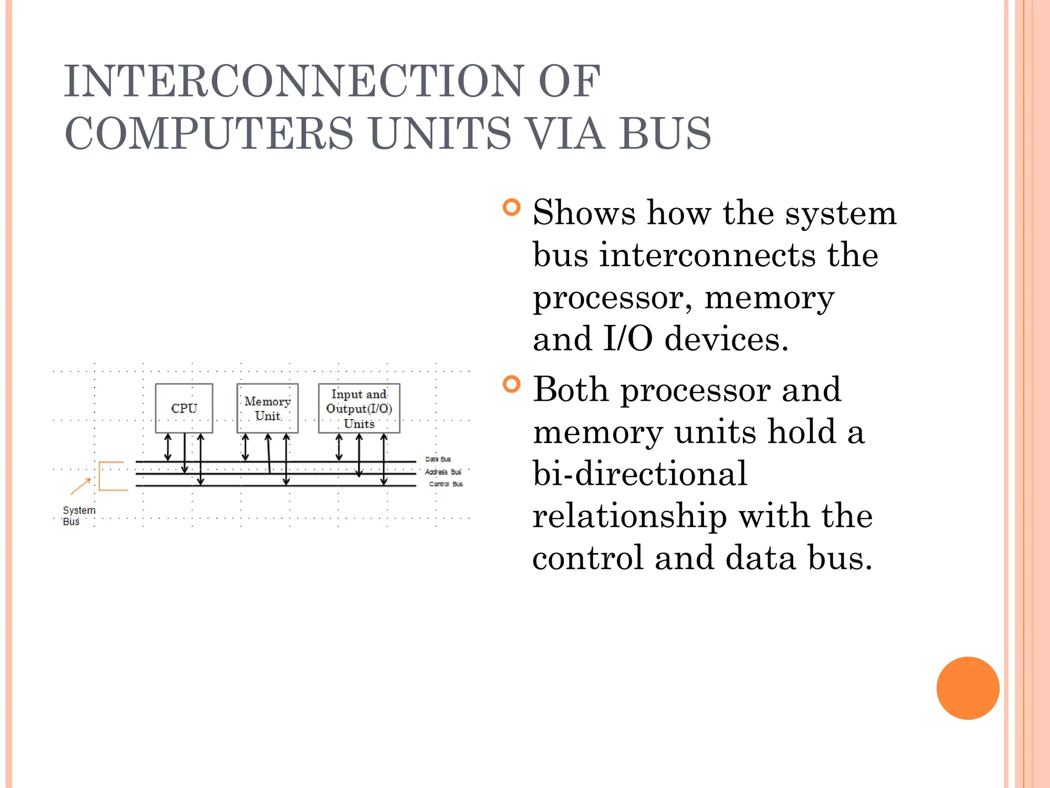 INTERCONNECTION OF
COMPUTERS UNITS VIA BUS
 Shows how the system
bus interconnects the
processor, memory
and I/O devices.
 Both processor and
memory units hold a
bi-directional
relationship with the
control and data bus.
 