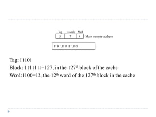 Tag: 11101
Block: 1111111=127, in the 127th block of the cache
Word:1100=12, the 12th word of the 127th block in the cache
7 4 Main memory address
Tag Block Word
5
11101,1111111,1100
 