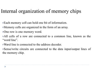 Internal organization of memory chips
Each memory cell can hold one bit of information.
Memory cells are organized in the form of an array.
One row is one memory word.
All cells of a row are connected to a common line, known as the
“word line”.
Word line is connected to the address decoder.
Sense/write circuits are connected to the data input/output lines of
the memory chip.
 