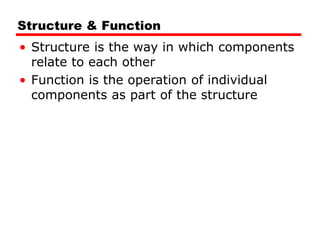 Structure & Function
• Structure is the way in which components
relate to each other
• Function is the operation of individual
components as part of the structure
 