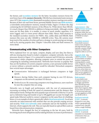 1.4 Under the Covers 23
the former, and secondary memory for the latter. Secondary memory forms the
next lower layer of the memory hierarchy. DRAMs have dominated main memory
since 1975, but magnetic disks dominated secondary memory starting even earlier.
Because of their size and form factor, personal Mobile Devices use flash memory,
a nonvolatile semiconductor memory, instead of disks. Figure 1.8 shows the chip
containing the 64 GiB flash memory of the iPhone Xs. While slower than DRAM,
it is much cheaper than DRAM in addition to being nonvolatile. Although costing
more per bit than disks, it is smaller, it comes in much smaller capacities, it is
more rugged, and it is more power efficient than disks. Hence, flash memory is
the standard secondary memory for PMDs. Alas, unlike disks and DRAM, flash
memory bits wear out after 100,000 to 1,000,000 writes. Thus, file systems must
keep track of the number of writes and have a strategy to avoid wearing out storage,
such as by moving popular data. Chapter 5 describes disks and flash memory in
more detail.
Communicating with Other Computers
We’ve explained how we can input, compute, display, and save data, but there is
still one missing item found in today’s computers: computer networks. Just as the
processor shown in Figure 1.5 is connected to memory and I/O devices, networks
interconnect whole computers, allowing computer users to extend the power of
computing by including communication. Networks have become so popular that
they are the backbone of current computer systems; a new personal mobile device
or server without a network interface would be ridiculed. Networked computers
have several major advantages:
■ Communication: Information is exchanged between computers at high
speeds.
■ Resource sharing: Rather than each computer having its own I/O devices,
computers on the network can share I/O devices.
■ Nonlocal access: By connecting computers over long distances, users need not
be near the computer they are using.
Networks vary in length and performance, with the cost of communication
increasing according to both the speed of communication and the distance that
information travels. Perhaps the most popular type of network is Ethernet. It can be
up to a kilometer long and transfer at up to 100 gigabits per second. Its length and
speed make Ethernet useful to connect computers on the same floor of a building;
hence, it is an example of what is generically called a local area network. Local area
networks are interconnected with switches that can also provide routing services
and security. Wide area networks cross continents and are the backbone of the
Internet, which supports the web. They are typically based on optical fibers and are
leased from telecommunication companies.
Networks have changed the face of computing in the last 40 years, both by
becomingmuchmoreubiquitousandbymakingdramaticincreasesinperformance.
main memory Also
called primary memory.
Memory used to hold
programs while they are
running; typically consists
of DRAM in today’s
computers.
secondary memory
Nonvolatile memory
used to store programs
and data between runs;
typically consists of flash
memory in PMDs and
magnetic disks in servers.
magnetic disk Also
called hard disk. A form
of nonvolatile secondary
memory composed of
rotating platters coated
with a magnetic recording
material. Because they
are rotating mechanical
devices, access times are
about 5 to 20 milliseconds
and cost per gigabyte in
2020 was $0.01 to $0.02.
flash memory
A nonvolatile semi-
conductor memory. It
is cheaper and slower
than DRAM but more
expensive per bit and
faster than magnetic disks.
Access times are about 5
to 50 microseconds and
cost per gigabyte in 2020
was $0.06 to $0.12.
local area network
(LAN) A network
designed to carry data
within a geographically
confined area, typically
within a single building.
wide area network
(WAN) A network
extended over hundreds
of kilometers that can
span a continent.
Copyright Elsevier 2024
 