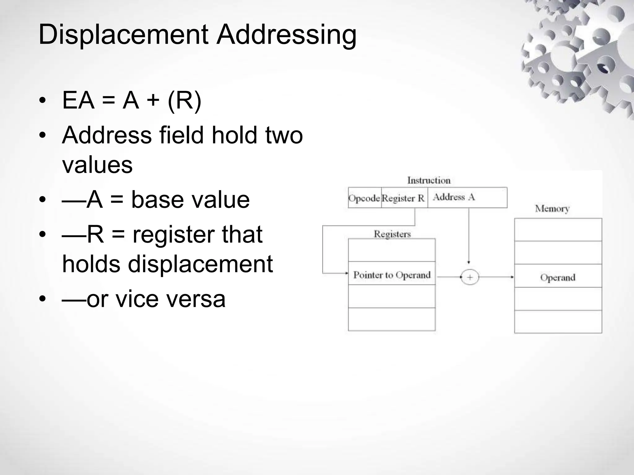 Displacement Addressing
• EA = A + (R)
• Address field hold two
values
• —A = base value
• —R = register that
holds displacement
• —or vice versa
 