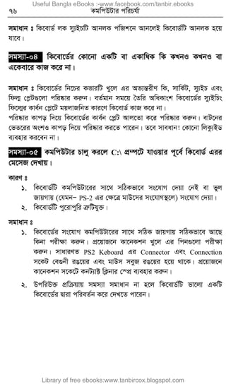 76 KgwcDUvi cwiPh©v
mgvavb t wK‡evW© jK my¨BPwU AvbjK cwRk‡b Avb‡jB wK‡evW©wU AvbjK n‡q
hv‡e|
mgm¨v-04 wK‡ev‡W©i †Kv‡bv GKwU ev GKvwaK wK KLbI KLbI ev
G‡Kev‡i KvR K‡i bv|
mgvavb t wK‡ev‡W©i wb‡Pi KfviwU Ly‡j Gi Af¨šÍixY wK, mvwK©U, my¨BP Ges
wdj¥ †cøU¸‡jv cwi®‹vi Kiæb| eZ©gvb mg‡q ˆZwi AwaKvsk wK‡ev‡W©i my¨BwPs
wd‡j¥i Kve©b †cø‡U gqjvRwbZ Kvi‡Y wK‡evW© KvR K‡i bv|
cwi®‹vi Kvco w`‡q wK‡ev‡W©i Kve©b †cøU Avj‡Zv K‡i cwi®‹vi Kiæb| evU‡bi
†fZ‡ii AskI Kvco w`‡q cwi®‹vi Ki‡Z cv‡ib| Z‡e mveavb! †Kv‡bv wjKz¨BW
e¨envi Ki‡eb bv|
mgm¨v-05 KgwcDUvi Pvjy Ki‡j C: cÖ¤ú‡U hvIqvi c~‡e© wK‡evW© Gii
†g‡mR †`Lvq|
KviY t
1. wK‡evW©wU KgwcDUv‡ii mv‡_ mwVKfv‡e ms‡hvM †`qv †bB ev fyj
RvqMvq (†hgbÑ PS-2 Gi †ÿ‡Î gvD‡mi ms‡hvM¯’‡j) ms‡hvM †`qv|
2. wK‡evW©wU cy‡ivcywi ÎæwUhy³|
mgvavb t
1. wK‡ev‡W©i ms‡hvM KgwcDUv‡ii mv‡_ mwVK RvqMvq mwVKfv‡e Av‡Q
wKbv cixÿv Kiæb| cÖ‡qvR‡b Kv‡bKkb Ly‡j Gi wcb¸‡jv cixÿv
Kiæb| mvaviYZ PS2 Keboard Gi Connector Ges Connection
m‡KU †e¸bx iO‡qi Ges gvDm meyR iO‡qi n‡q _v‡K| cÖ‡qvR‡b
Kv‡bKkb m‡K‡U KbU¨v± wK¬bvi †¯cÖ e¨envi Kiæb|
2. DcwiD³ cÖwµqvq mgm¨v mgvavb bv n‡j wK‡evW©wU fv‡jv GKwU
wK‡ev‡W©i Øviv cwieZ©b K‡i †`L‡Z cv‡ib|
Useful Bangla eBooks :-www.facebook.com/tanbir.ebooks
Library of free ebooks:www.tanbircox.blogspot.com
 