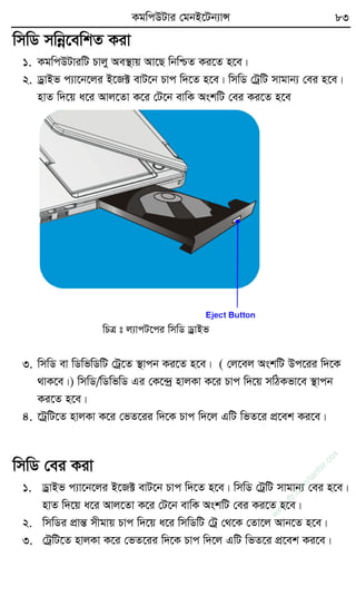 KgwcDUvi †gbB‡Ub¨vÝ 83
wmwW mwbœ‡ewkZ Kiv
1. KgwcDUviwU Pvjy Ae¯’vq Av‡Q wbwðZ Ki‡Z n‡e|
2. WªvBf c¨v‡b‡ji B‡R± evU‡b Pvc w`‡Z n‡e| wmwW †UªwU mvgvb¨ †ei n‡e|
nvZ w`‡q a‡i Avj‡Zv K‡i †U‡b evwK AskwU †ei Ki‡Z n‡e
wPÎ t j¨vcU‡ci wmwW WªvBf
3. wmwW ev wWwfwWwU †Uª‡Z ¯’vcb Ki‡Z n‡e| ( †j‡ej AskwU Dc‡ii w`‡K
_vK‡e|) wmwW/wWwfwW Gi †K‡›`ª nvjKv K‡i Pvc w`‡q mwVKfv‡e ¯’vcb
Ki‡Z n‡e|
4. ‡UªwU‡Z nvjKv K‡i †fZ‡ii w`‡K Pvc w`‡j GwU wfZ‡i cÖ‡ek Ki‡e|
wmwW †ei Kiv
1. WªvBf c¨v‡b‡ji B‡R± evU‡b Pvc w`‡Z n‡e| wmwW †UªwU mvgvb¨ †ei n‡e|
nvZ w`‡q a‡i Avj‡Zv K‡i †U‡b evwK AskwU †ei Ki‡Z n‡e|
2. wmwWi cÖvšÍ mxgvq Pvc w`‡q a‡i wmwWwU †Uª †_‡K †Zv‡j Avb‡Z n‡e|
3. †UªwU‡Z nvjKv K‡i †fZ‡ii w`‡K Pvc w`‡j GwU wfZ‡i cÖ‡ek Ki‡e|
w
w
w
.fb.com
/tanbir.cox
 