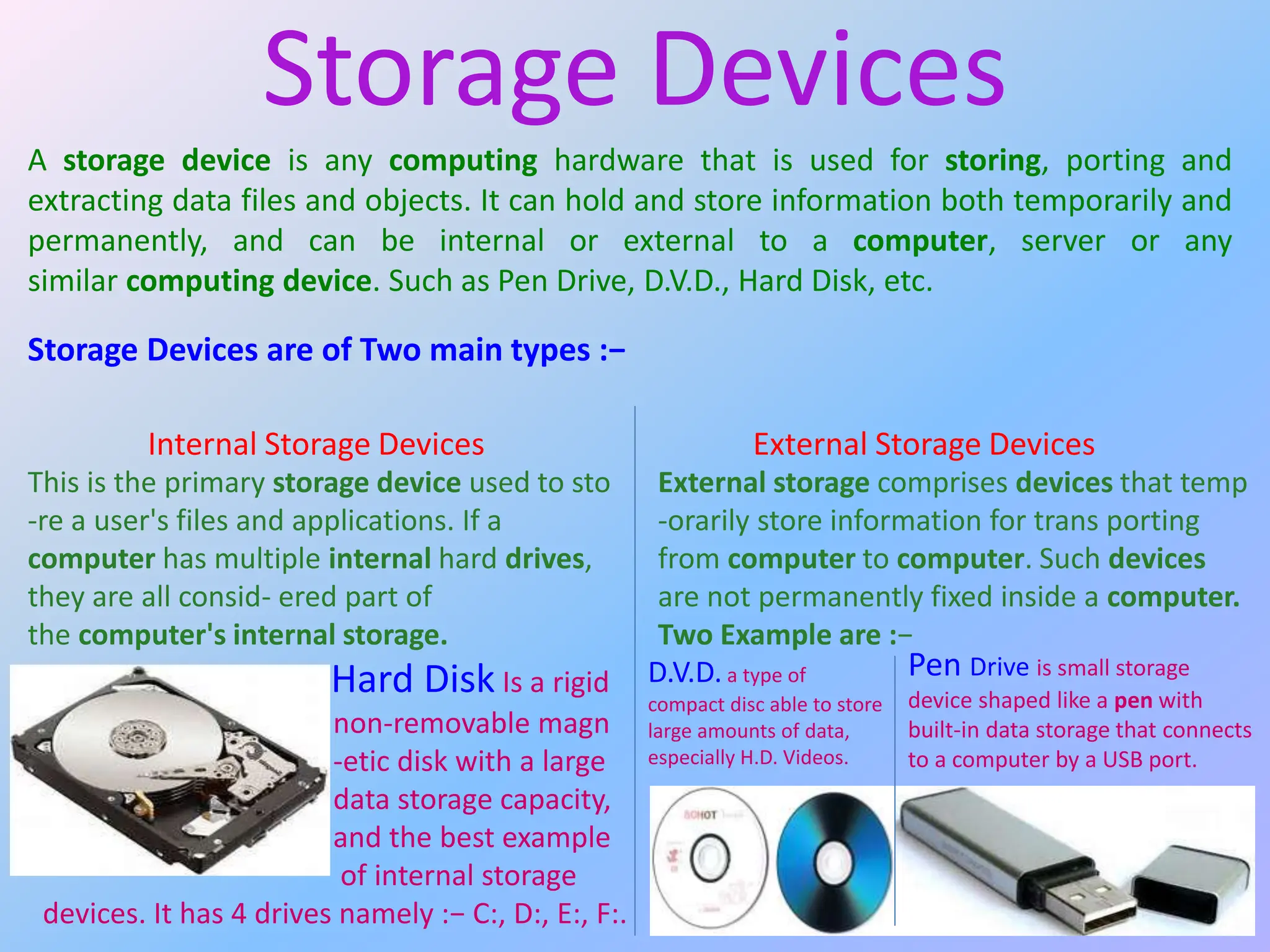 A storage device is any computing hardware that is used for storing, porting and
extracting data files and objects. It can hold and store information both temporarily and
permanently, and can be internal or external to a computer, server or any
similar computing device. Such as Pen Drive, D.V.D., Hard Disk, etc.
Storage Devices are of Two main types :−
Storage Devices
Internal Storage Devices
Hard Disk Is a rigid
non-removable magn
-etic disk with a large
data storage capacity,
and the best example
of internal storage
devices. It has 4 drives namely :− C:, D:, E:, F:.
This is the primary storage device used to sto
-re a user's files and applications. If a
computer has multiple internal hard drives,
they are all consid- ered part of
the computer's internal storage.
External Storage Devices
External storage comprises devices that temp
-orarily store information for trans porting
from computer to computer. Such devices
are not permanently fixed inside a computer.
Two Example are :−
D.V.D. a type of
compact disc able to store
large amounts of data,
especially H.D. Videos.
Pen Drive is small storage
device shaped like a pen with
built-in data storage that connects
to a computer by a USB port.
 