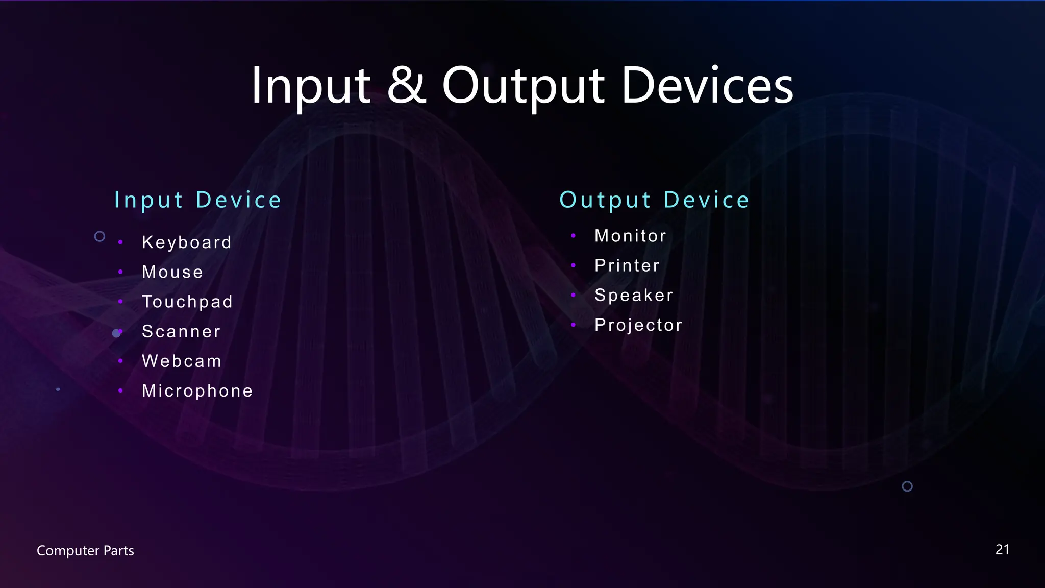 Input & Output Devices
Input De v ic e
• Keyboard
• Mouse
• Touchpad
• Scanner
• Webcam
• Microphone
Computer Parts 21
• Monitor
• Printer
• Speaker
• Projector
Output De v ic e
 