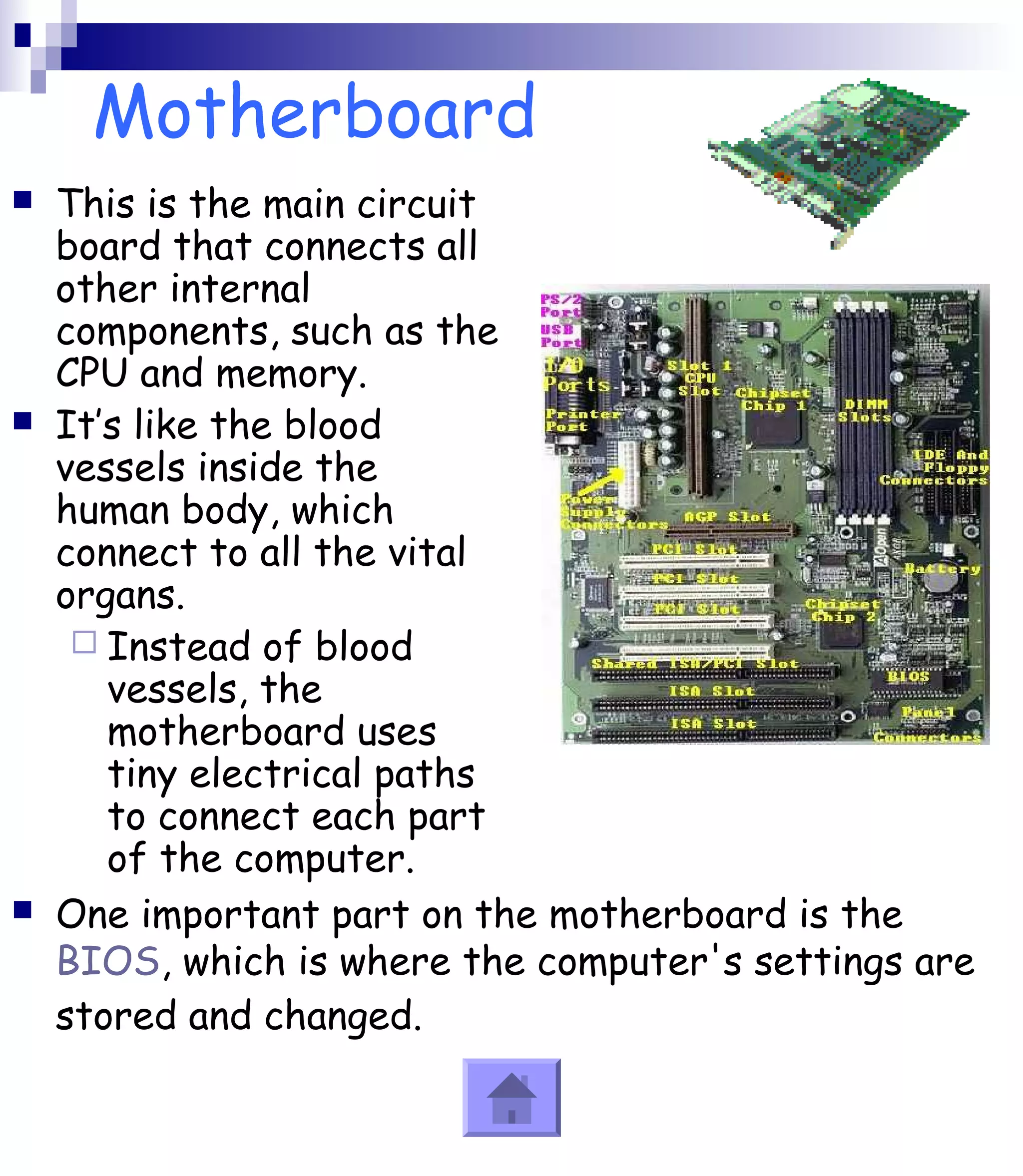 Motherboard 
 This is the main circuit 
board that connects all 
other internal 
components, such as the 
CPU and memory. 
 It’s like the blood 
vessels inside the 
human body, which 
connect to all the vital 
organs. 
 Instead of blood 
vessels, the 
motherboard uses 
tiny electrical paths 
to connect each part 
of the computer. 
 One important part on the motherboard is the 
BIOS, which is where the computer's settings are 
stored and changed. 
 