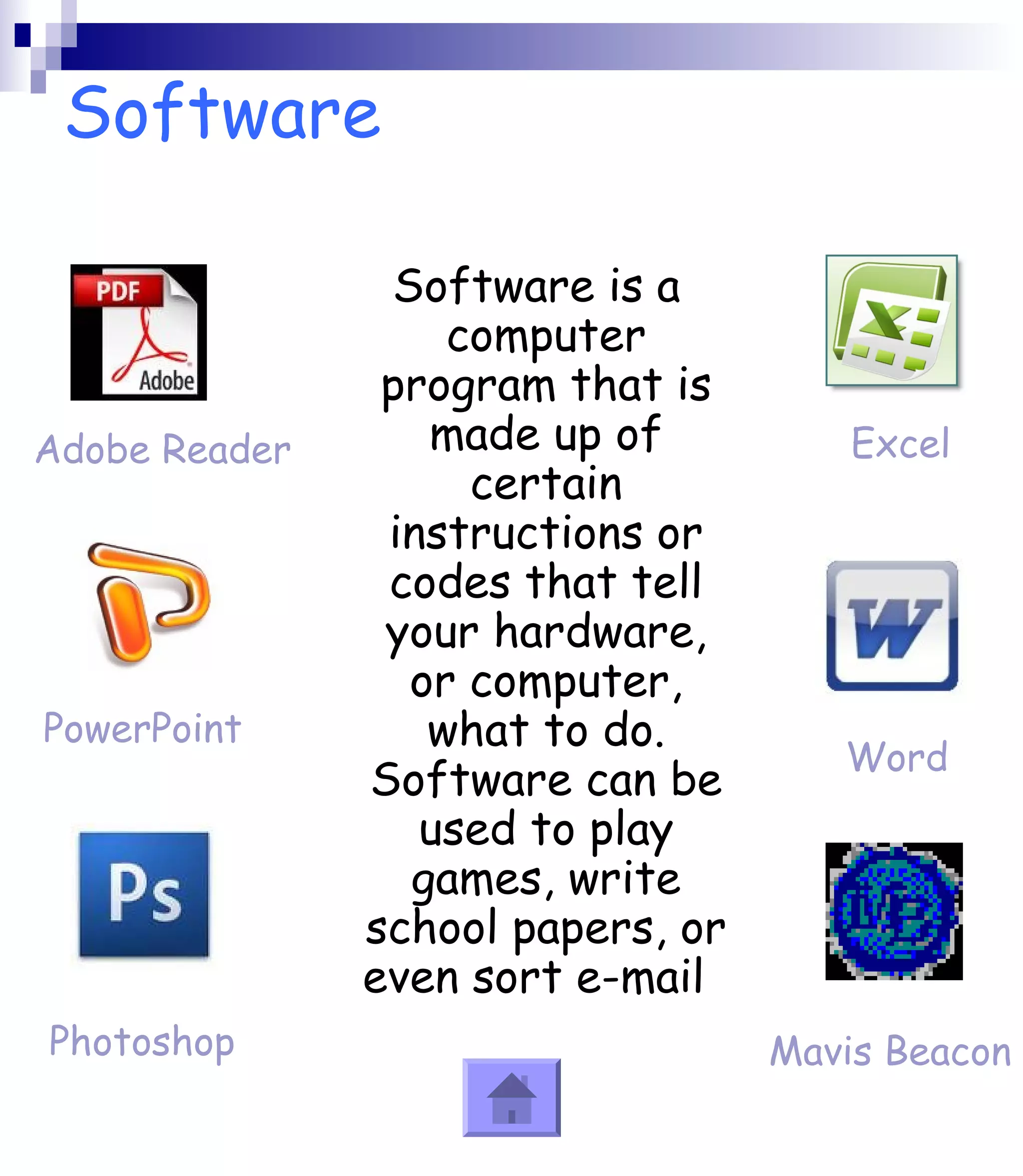 Software 
Software is a 
computer 
program that is 
made up of 
certain 
instructions or 
codes that tell 
your hardware, 
or computer, 
what to do. 
Software can be 
used to play 
games, write 
school papers, or 
even sort e-mail. 
Adobe Reader 
PowerPoint 
Excel 
Word 
Photoshop Mavis Beacon 
 