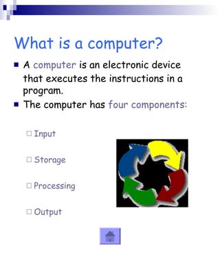 What is a computer? 
 A computer is an electronic device 
that executes the instructions in a 
program. 
 The computer has four components: 
 Input 
 Storage 
 Processing 
 Output 
 