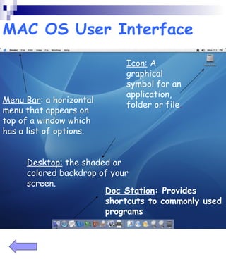 MAC OS User Interface 
Icon: A 
graphical 
symbol for an 
application, 
folder or file. 
Desktop: the shaded or 
colored backdrop of your 
screen. 
Doc Station: Provides 
shortcuts to commonly used 
programs 
Menu Bar: a horizontal 
menu that appears on 
top of a window which 
has a list of options. 
 