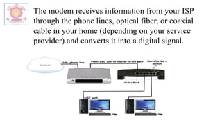 The modem receives information from your ISP
through the phone lines, optical fiber, or coaxial
cable in your home (depending on your service
provider) and converts it into a digital signal.
 