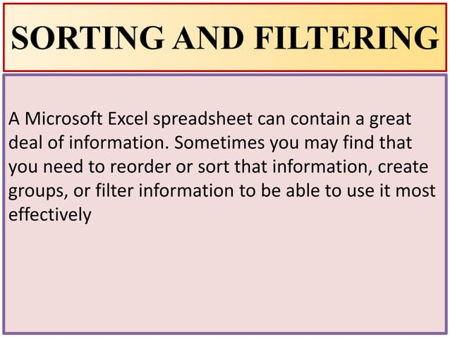 sorting and filtering data in excel | PPTX