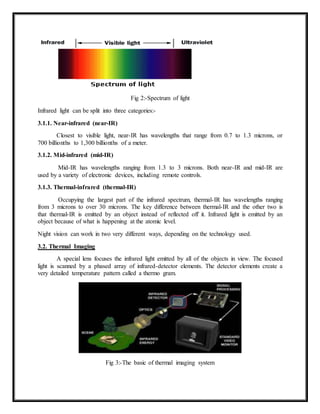 Fig 2:-Spectrum of light
Infrared light can be split into three categories:-
3.1.1. Near-infrared (near-IR)
Closest to visible light, near-IR has wavelengths that range from 0.7 to 1.3 microns, or
700 billionths to 1,300 billionths of a meter.
3.1.2. Mid-infrared (mid-IR)
Mid-IR has wavelengths ranging from 1.3 to 3 microns. Both near-IR and mid-IR are
used by a variety of electronic devices, including remote controls.
3.1.3. Thermal-infrared (thermal-IR)
Occupying the largest part of the infrared spectrum, thermal-IR has wavelengths ranging
from 3 microns to over 30 microns. The key difference between thermal-IR and the other two is
that thermal-IR is emitted by an object instead of reflected off it. Infrared light is emitted by an
object because of what is happening at the atomic level.
Night vision can work in two very different ways, depending on the technology used.
3.2. Thermal Imaging
A special lens focuses the infrared light emitted by all of the objects in view. The focused
light is scanned by a phased array of infrared-detector elements. The detector elements create a
very detailed temperature pattern called a thermo gram.
Fig 3:-The basic of thermal imaging system
 