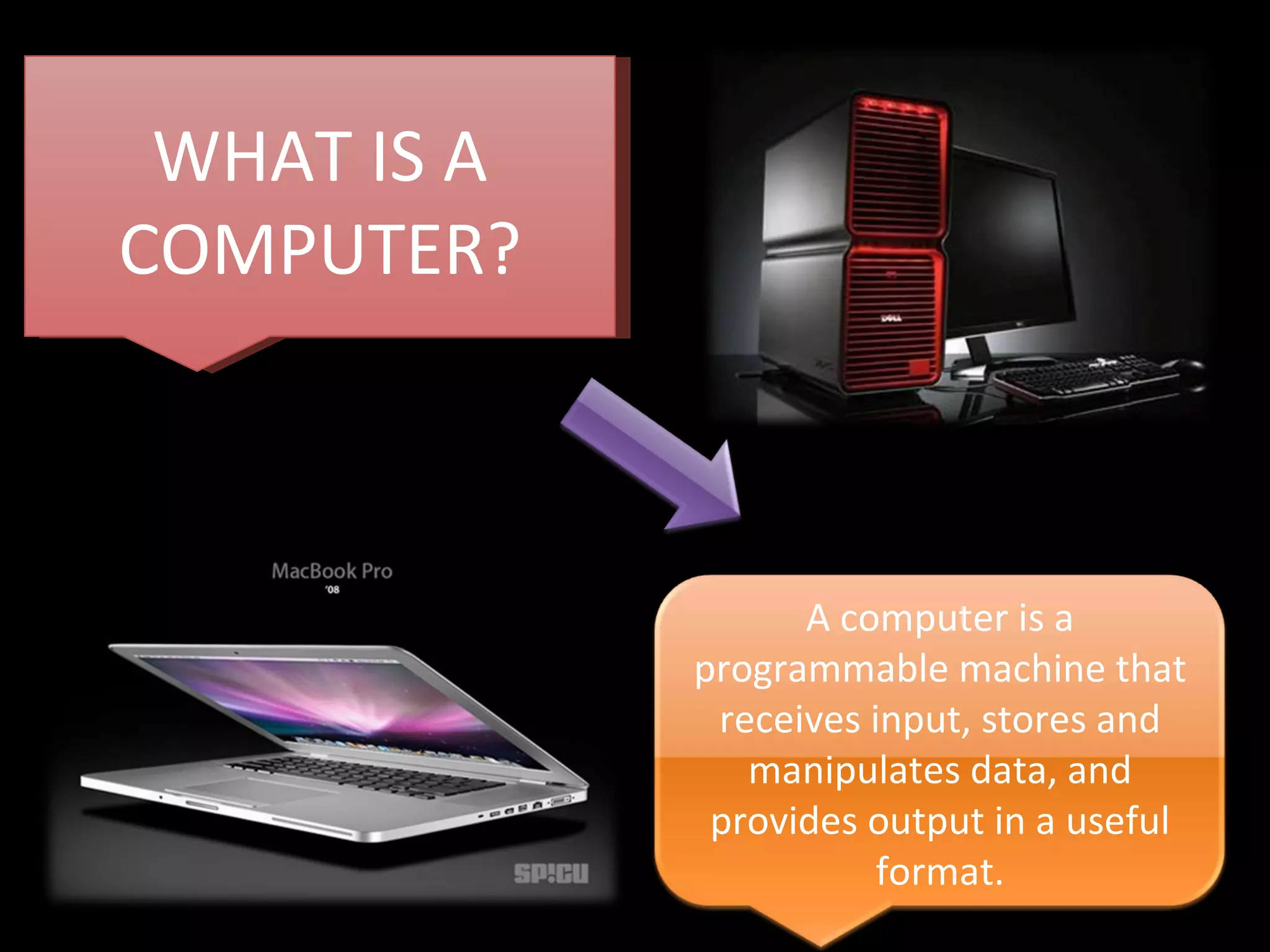 WHAT IS A COMPUTER? A computer is a programmable machine that receives input, stores and manipulates data, and provides output in a useful format.