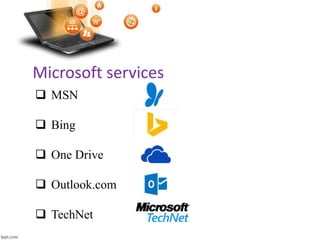 Microsoft services
 MSN
 Bing
 One Drive
 Outlook.com
 TechNet
 