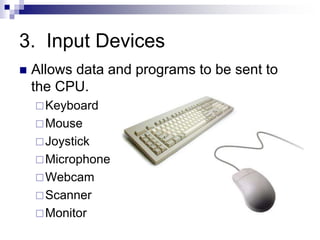 3. Input Devices
 Allows data and programs to be sent to
the CPU.
Keyboard
Mouse
Joystick
Microphone
Webcam
Scanner
Monitor
 